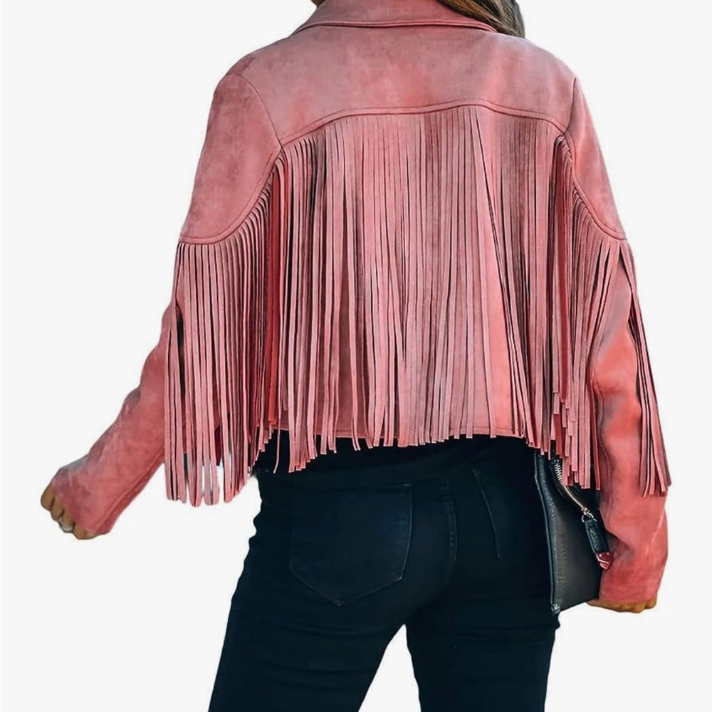 Women Faux Suede Leather Tassel Coat Motorcycle Short Fringe Jacket